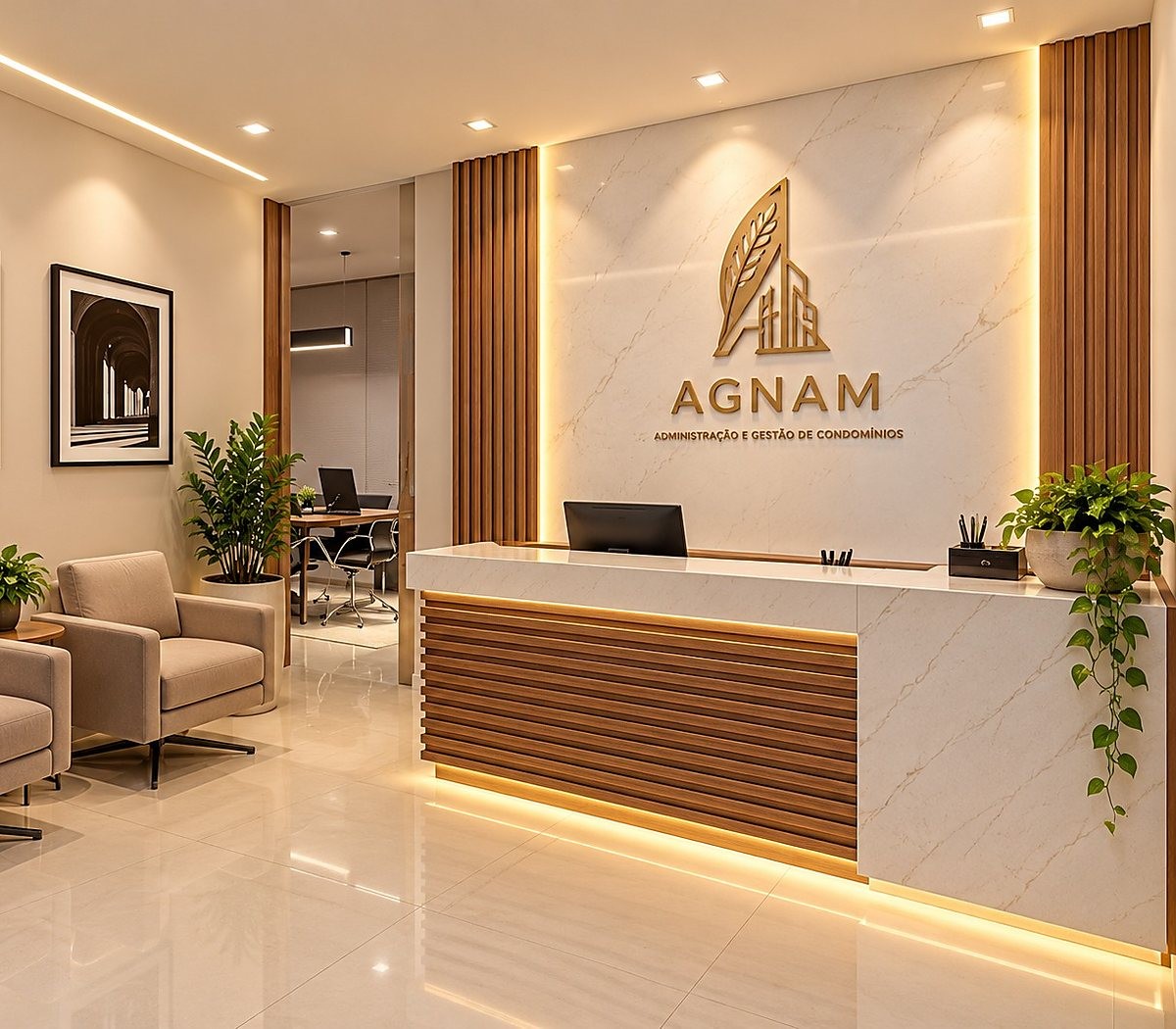 Recepção da AGNAM com balcão de mármore e madeira e o logotipo na parede