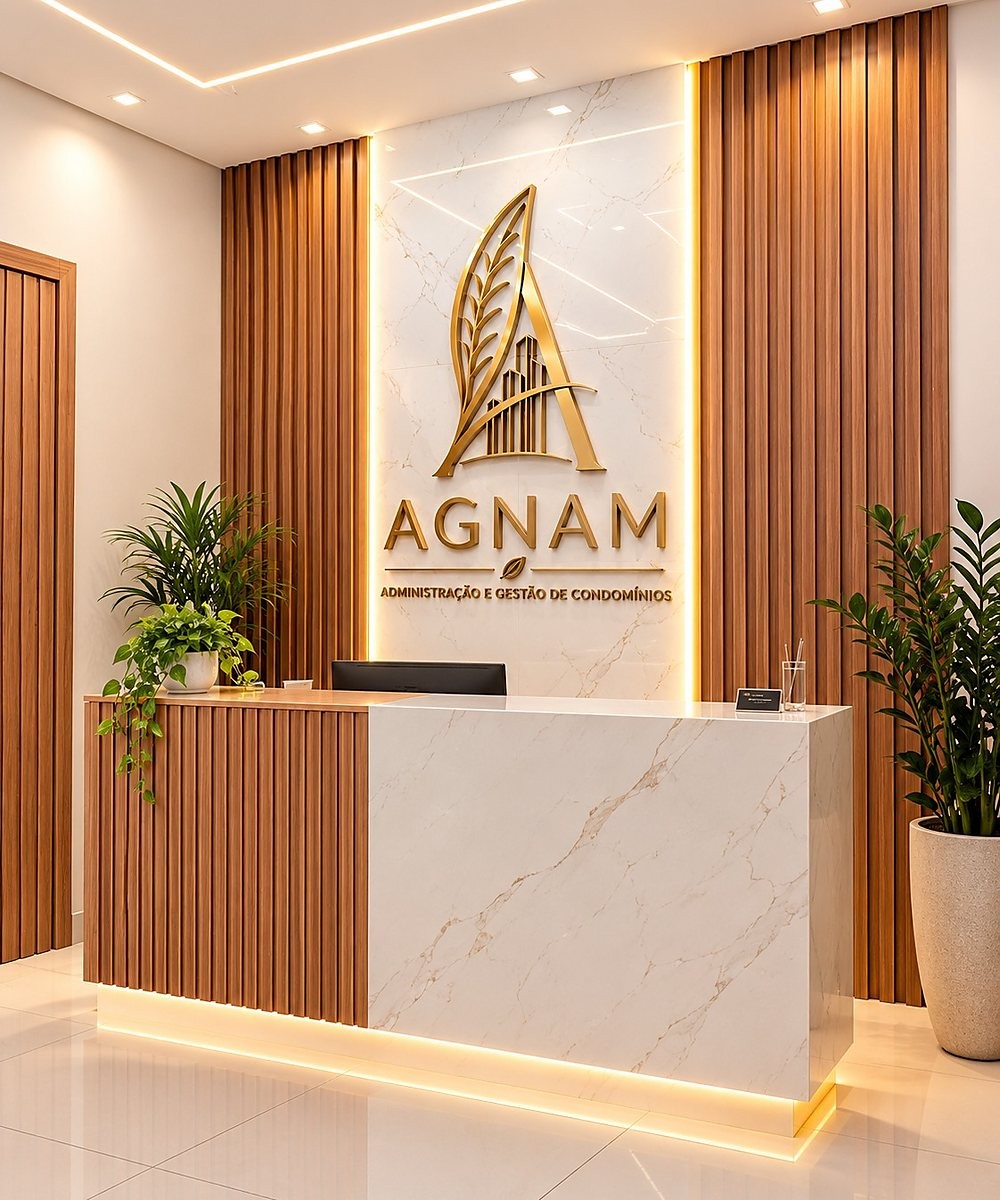 Recepção da AGNAM com o logotipo dourado em parede de mármore
